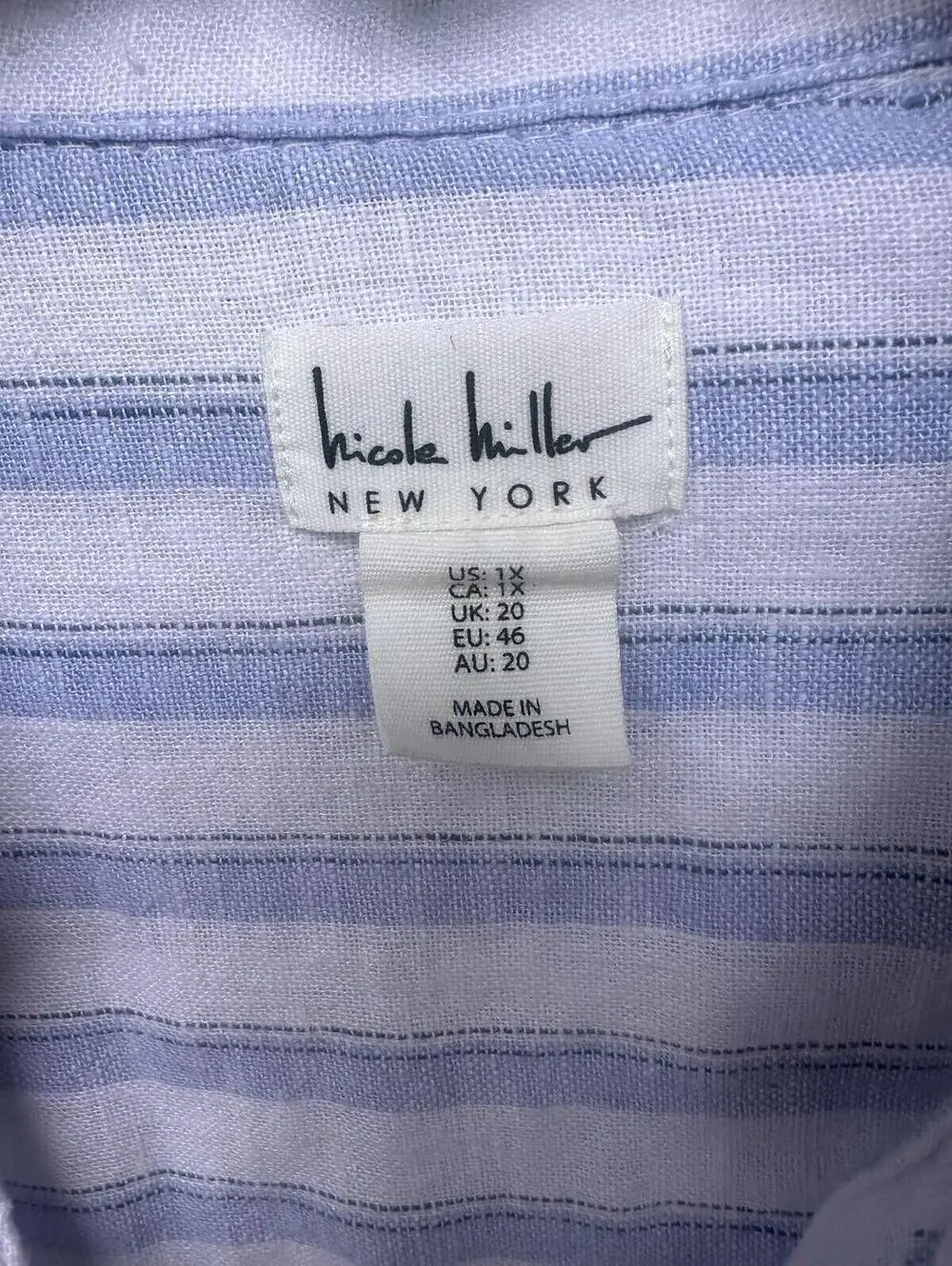 Nicole Miller New York Light Blue Linen Blend Striped Button-Up Blouse- Size 1X - Picture 2 of 9